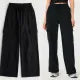 Wide Leg Cargo Trousers For Women Summer Terry Viscose Fabric High Waist Relaxed Fit Casual Style Black Color